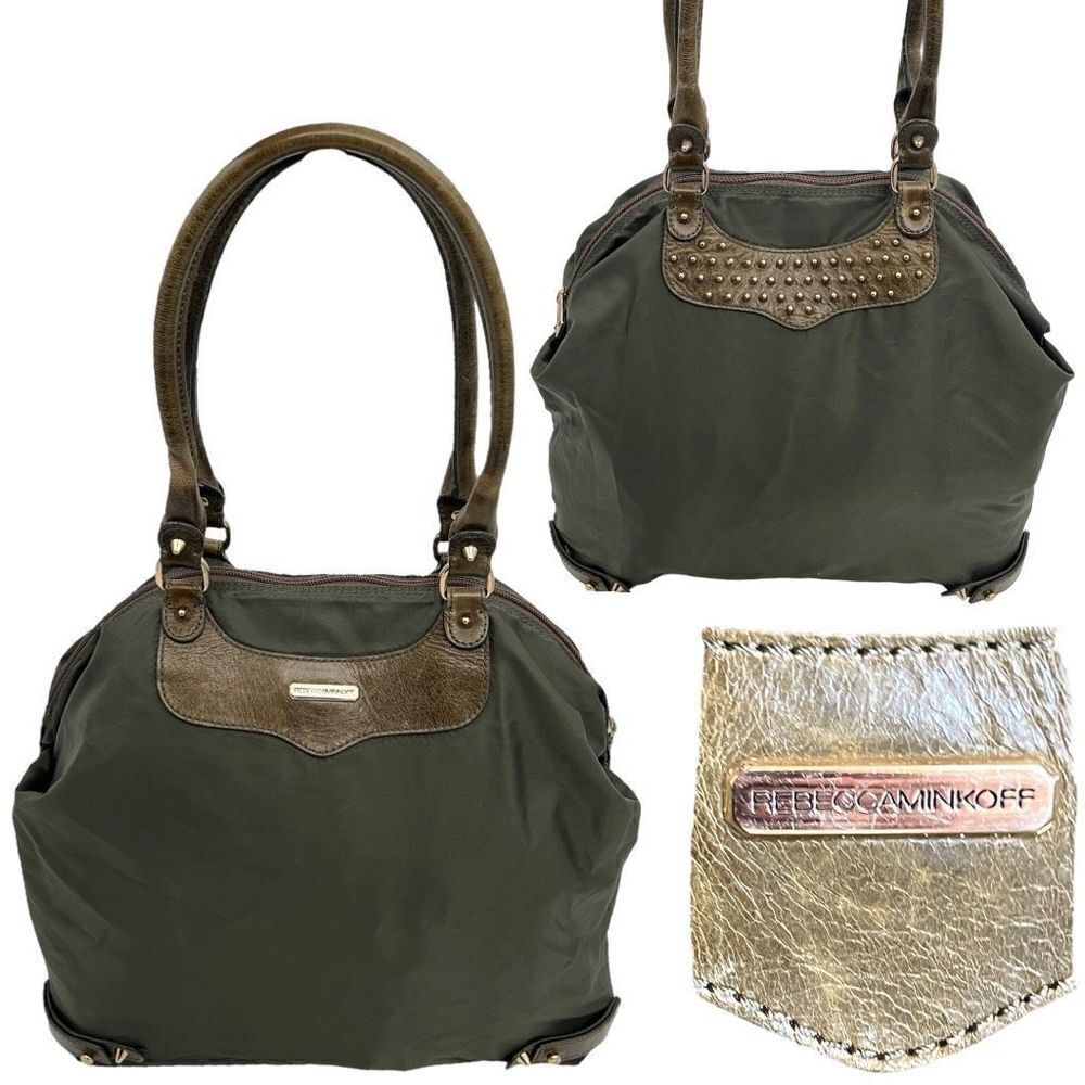 Rebecca Minkoff Nylon Tote Bag Greenish Olive With Brown Leather & Studs